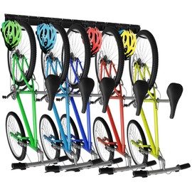 QWORK Bike Storage Rack - 6 Bike Wall Mount Bike Rack System with 5 Helmet Hooks for Garage, Home, Space Saving – Holds Up to 600lbs