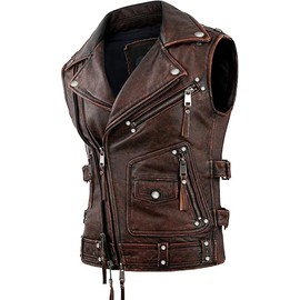 Cheemaz Men’s Vintage Negan Cowhide Brown Biker Riding sleeveless Motorcycle Leather Vest (as1, alpha, x_l, regular, regular, Brown)