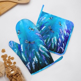 Purple Flowers and Cute Dragonfly Oven Mitts and Pot Holders Set Heat Resistant Non-Slip Silicone Oven Mittens with Oven Gloves and Hot Pads Potholders for BBQ Kitchen Baking Cooking, Quilted Liner