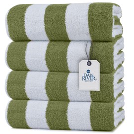 DAN RIVER 100% Rignspun Cotton Stripe Beach Towel Set – 30x60 inches, Pack of 4, Green - Quick-Dry, Ultra Soft, and Super Absorbent