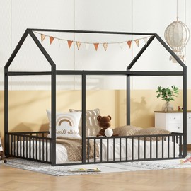 Bellemave Twin Floor Bed Frame, Metal Montessori Floor Bed Twin with Fence for Boys Girls Bedroom Playhouse for Kids No Slat, Easy Assembly House Shaped Floor Beds Black