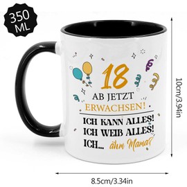 Tarklanda Tasse 18. Geburtstagsgeschenke Tasse mit Spruch 18 ab jetzt Erwachsen! Keramik Kaffeetasse für Junge Mädchen Geschenkideen zum 18. Geburtstag für Sohn und Tochter (Schwarz)