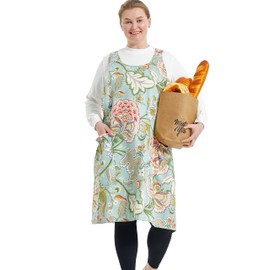 APRONNER Big Plus Size Aprons for Women with Pockets Cotton Linen Baking Kitchen Cooking Green Flower