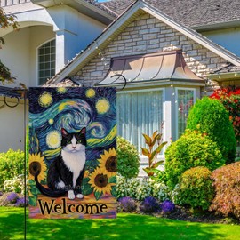 IsegMind Funny Sunflower Garden Flag Welcome Sunflower Tuxedo Cat Garden Flag 12x18 Inch Small Double Sided for Outside Tuxedo Cat Yard Flag (8587)