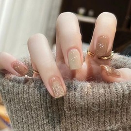 Nail Tips, Set of 24, Short, False Nails, Glitter, 3D Shiny Nails, Finger Parts, Double Sided Tape, 48 Sticks, File, Alcohol Pad Included, Beige, Brown, Glitter