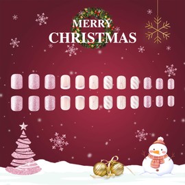 Christmas Press on Nails Short Square Fake Nails With Snowflake Designs Light Purple Glitter Full Cover False Nails Xmas Glue on Nails Acrylic Stick on Nails Winter French Tip Artificial Nails 24 Pcs