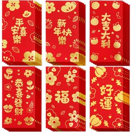 Red Envelopes Chinese New Year, 30 Pack 6 Styles Gold Foil Lucky Red Money Envelopes for Cash - 6.6 x 3.5inches, Golden Flowers Hong Bao Chinese Red Pocket for Lunar New Year, Spring Festival