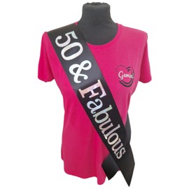 50th Birthday Sash - 50 & Fabulous Birthday Sash - Beautiful Quality Black Ribbon and Holographic Silver Font