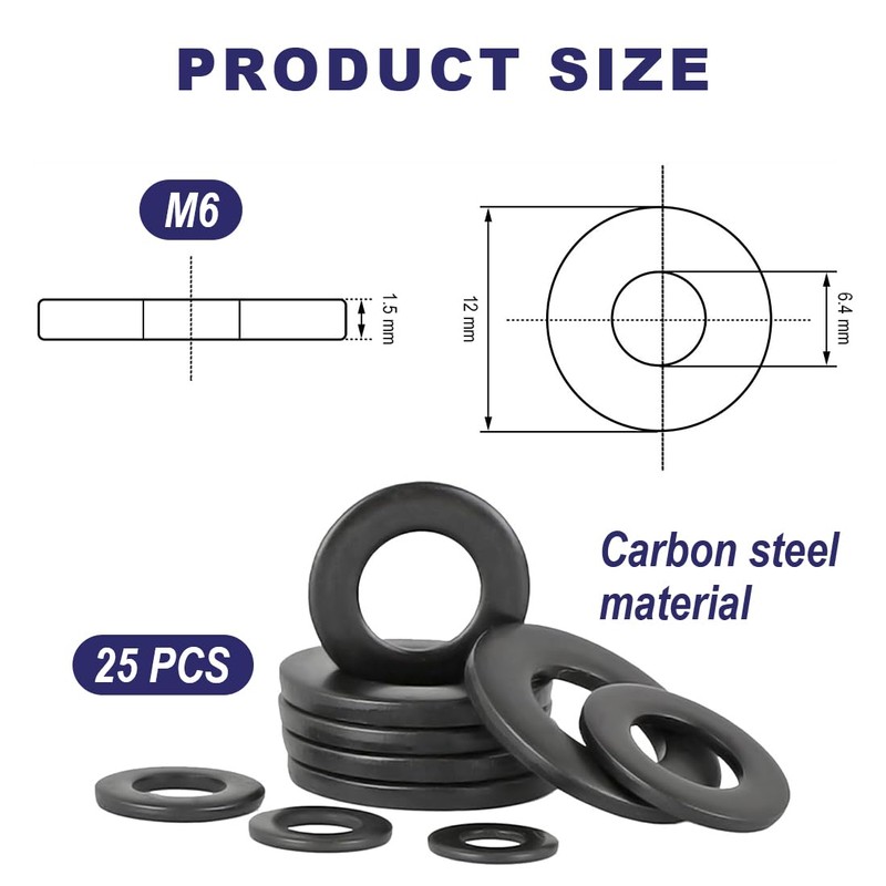 YOYEAH Pack of 25 Washers M6 Black Carbon Steel Washers