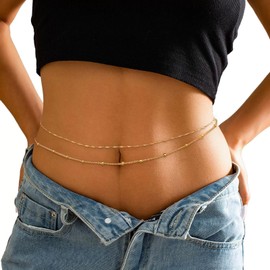2PCS Gold Waist Chain for Women, Adjustable Belly Beads with Pearl Accents, Elegant Stomach Chain Jewelry Belly Body Chain Adjustable Layered Waist Chains Bikini Summer Beach Jewelry for Women