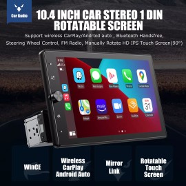 Camecho 10.4" Single DIN Car Stereo Radio Wireless Apple CarPlay Android Auto Bluetooth