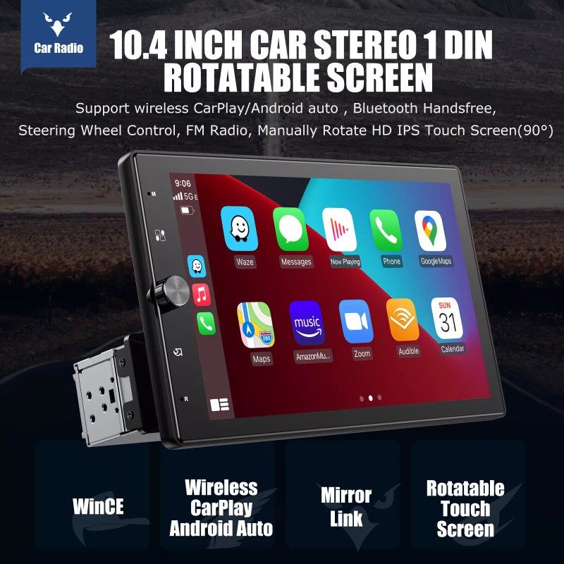 Camecho 10.4" Single DIN Car Stereo Radio Wireless Apple CarPlay