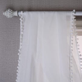 LoomLuxe Solid Sheer Window Scarf Valance Pom Pom Trimmed Elegant Sheer Voile Home Decor Topper Long Window Treatment for Wedding Party Girls Room Bed Canopy Scarves 52X144 Inch White