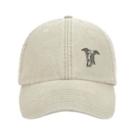 THE HOUSE OF DOG: Whippet Lurcher Owner Gift. Distressed Vintage Washed 100% Heavyweight Brushed Cotton Embroidered 6 Panel Low Profile Baseball Cap. Natural