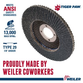 Weiler 51120 4-1/2" Tiger Paw Abrasive Flap Disc, Angled (Ty29), Phenolic Backing, 60Z, 7/8" Arbor Hole (Pack of 10)