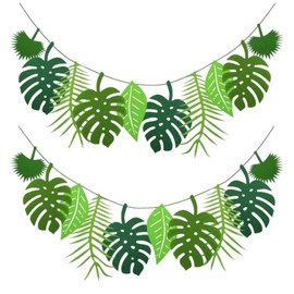 2 PCS Tropical Leaf Banner – Jungle Safari Party Decorations, Hawaiian Leaf Hanging Banner for Birthday, Baby Shower, Summer or Beach Theme Party Decor