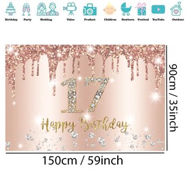 Happy 17th Birthday Decorations Backdrop Banner for Girls Happy 17 Years Old Party Sign Poster Rosegold Photography Background 17th Birthday Party Supplies, 150 cm x 90 cm
