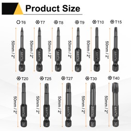 HARFINGTON 11pcs T6-T40 Security Torx Head Screwdriver Bit 1/4" Hex Shank 2" (50mm) Long Magnetic Tamper Proof 6 Point Star Screw Driver Bit S3 Steel Mirror Polished Power Tool with Hole