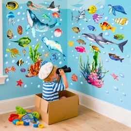 Glow in The Dark Ocean Wall Decals, 4 Sheets Under The Sea Wall Stickers, Removable Sea Life Decals for Kids Toddlers bedroom, Playroom, Luminous Watercolor Fish, Turtle, Jellyfish Wall Decor