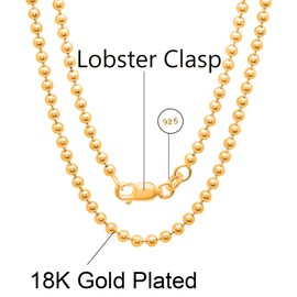 925 Sterling Silver Italian Solid Bead Ball Dog Tag Chain Necklace - 18K Gold Plated Bead Ball Chain Necklace Comes with Gift Box for Women & Men - Made in Italy (18, 3.0mm)