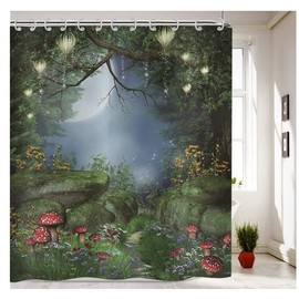 Yeele Mushroom Curtain for Bathroom Enchanted Forest Shower Curtain Fairy Mushroom Bathroom Curtain Fantasy Lanterns Bath Curtain Grassland Bathroom Curtain Decor with Hooks,72x72in