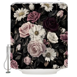 Black Floral Shower Curtain Dark Rose Boho Flower Blossom Wildflower Woman Vintage Plant Rustic Sketch Art Modern Aesthetic Bath Curtain with Hooks