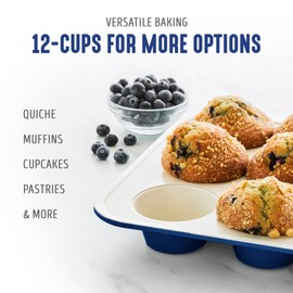 GreenLife 12-Cup Muffin Pan, PFAS-Free Healthy Nonstick Baking Tray, 11.4" x 1.9" x 15.9", Durable Ceramic Bakeware, Cupcakes, Egg Bites, Tarts, Brownies, Blue