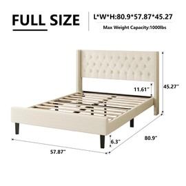 HAOARA Full Size Platform Bed Frame with Button Tufted Headboard, Modern Wingback with Double-Row Nailhead Trim, No Box Spring Needed, Easy Assembly, Beige Velvet