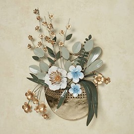 Touch of Class Pocket of Posies Floral Dimensional Metal Wall Art - Green, Gold, Ivory, Blue - Flower Sculptures for Bedroom, Living Room, Bathroom - Metallic Artwork Decor