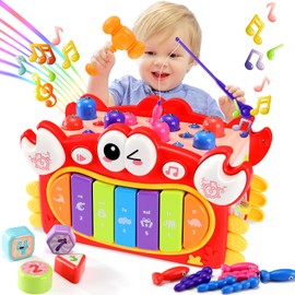 AUTOWT 15 in 1 Crab Activity Cube Toy, Hammering Pounding Toys with Music Lights, Montessori Educational Learning Toys for 3 Years Old Girl Birthday (Red)