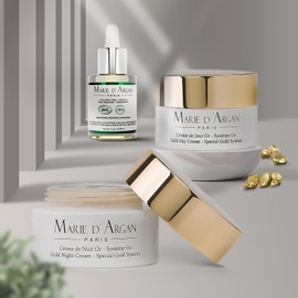 Marie d'Argan Kit Facial Antiedad 3 Piezas Con Oro 24K, Crema De Día Y Noche 50 g, Sérum Lifting 15 ml, Rutina Skincare Para Firmeza, Hidratación Y Luminosidad, Con Péptidos, Skincare