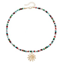 GAODECHA 1pc Boho Choker Necklace Chain Colourful Rice Beads Necklace Bohemian Beaded Choker Necklace with Daisy Flower Pendant Summer Beach Jewellery Gift for Women Ladies of All Ages, Metal, No