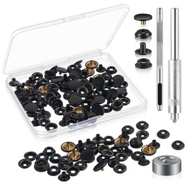 Juego de 200 piezas (50 juegos) de cierre a presión de 15 mm, kit de botones a presión para piel de acero inoxidable de grado marino para bolsa de lona, jeans, ropa, tela (BLack)