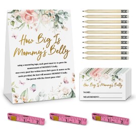 How Big is Mommy's Belly Sign， Pink Rose Baby Shower Game Tummy Measuring Tape for Baby Shower Measure the Baby Bump How Big Is Moms Belly Cards -ca42