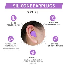 LYSIAN Moldable Soft Silicone Earplugs, 5 Pairs, 27dB SNR Noise Cancelling Ear Plugs for Sleeping, Working,Swimming, Shower (Purple)