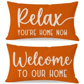 PANDICORN Decorative Throw Pillow Covers 12x20 Inch Set of 2 Orange Relax Welcome to Our Home Outdoor Farmhouse Spring Fall Lumbar Cushion Cases Decorations for Living Room Sofa Couch Porch Decor
