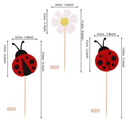 36 piezas de decoración para cupcakes con diseño de mariquita, flores con purpurina, insectos, cupcakes, decoración de jardín, baby shower, niños, fiesta de cumpleaños, decoración de tartas