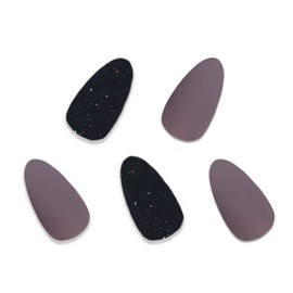 BABALAL Almond Press on Nails Medium Fake Nails Purple and Black Glue on Nails Stiletto Glitter Acrylic Nails 24Pcs Bling False Nails with Glue