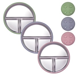 Yikinip 9 Inch Stainless Steel Plate and Silicone Suction, Toddler Plates Non-Toxic Dividers, Stainless Steel Kids Plates, green, pink, blue