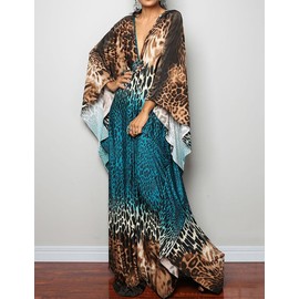 Bsubseach Women's Ethnic Print Kaftan Beach Dress Plus Size Beach Dress, F-blue coffee leopard