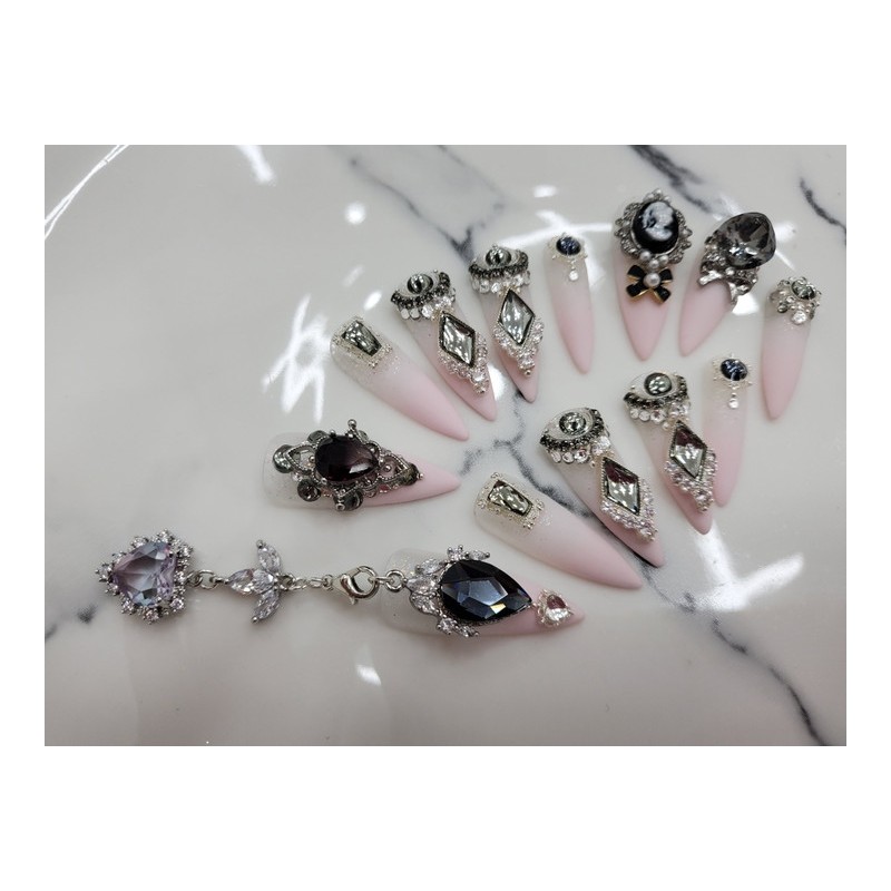 Black+Pink Handmade Nail Tips ✨ - Long Almond / 블랙+핑크