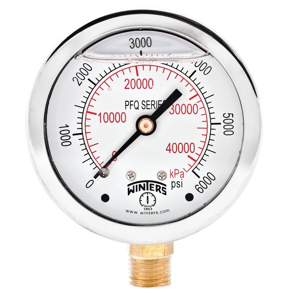 Winters 2-1/2" Dial Size, Liquid Filled Industrial Pressure Gauge, Brass