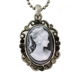 Soulbreezecollection Gray Cameo Pendant Necklace Black Rhinestones Lady Fashion Jewelry