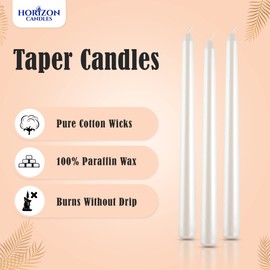 Horizon - 10-Piece Unscented Taper Candle Set | Smokeless & Dripless 9-Hour Burn | Perfect for Christmas Decor, Holiday Dinners, Weddings, and Festive Parties | White