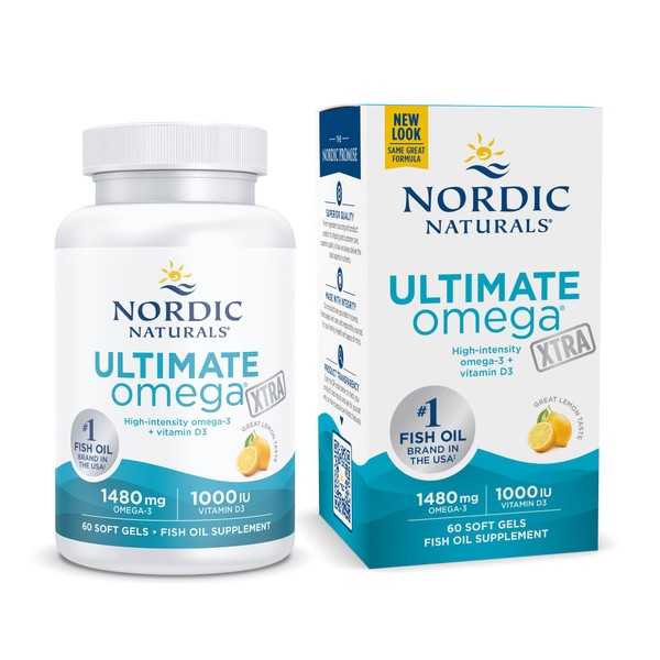 Nordic Naturals Ultimate Omega Xtra, Lemon Flavor - 60 Soft Gels - 1480 mg Omega-3 + 1000 IU Vitamin D3 - Omega-3 Fish Oil - EPA & DHA - Brain, Heart, Joint, & Immune Health - 30 Servings