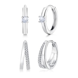 Estrellique 925 Sterling Silver Hoop Earrings with Cubic Zirconia, Hypoallergenic Small Sleeping Cartilage Huggie Earring, Hoop Earrings Silver 925 for Women, 2 Pairs Ear Jewellery Set with Gifts Box