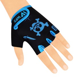 WFX Kids Cycling Gloves Short Half Finger Fingerless Gloves Padded Fastened Children Kid BMX Bike Safety Hand Protect Cycling Climbing Weight Lifting Workout Bicycle Gloves (Blue Skull, L)