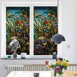 WBQMUNY Stained Glass Window Privacy Film,3D Floral Decorative Bathroom Frosted Window Clings Sun Heat Blocking Flower Window Tint for Home Non Adhesive Door Window Covering 17.7" x 39.5" (BH160)