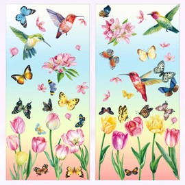 Spring Tulip Window Clings, 61 Pcs Butterfly Tulip Flower Hummingbird Windows Decals for Glass Windows Spring Decorations for Office Home School Supplies
