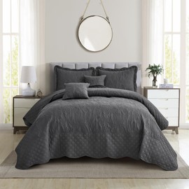 CHIXIN Botanical Oversized Bedspread King Size - Leaves Pattern Stitching Quilt Set - Elegant & Fresh Style Bedding Coverlets, Reversible, Lightweight, 5 Piece, Dark Grey